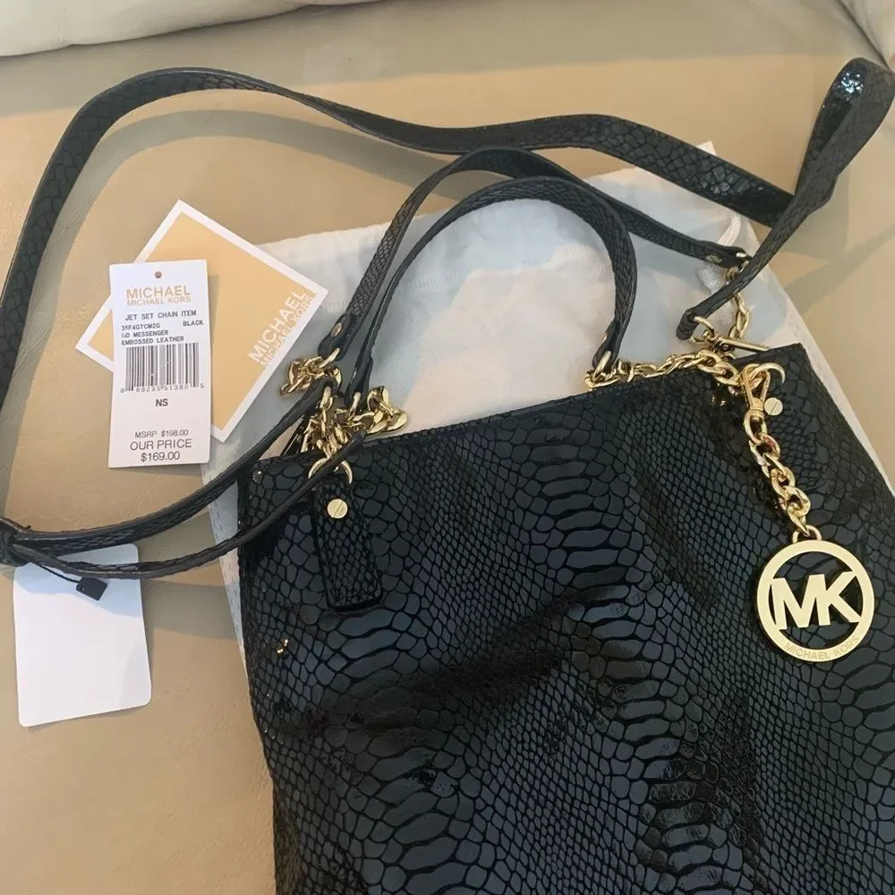 Michael Kors Jet Set Chain Black Messenger Embossed Leather 35F4GTCM2G Brand New